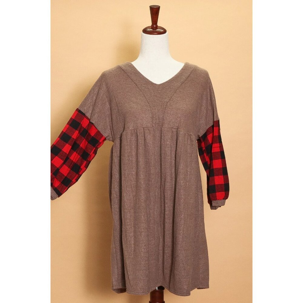 *NEW* Beeson River Tunic Mocha Dress w/Plaid Sleeves Ultra Soft Cozy, Cabincore